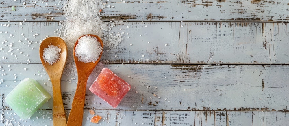 Poster A white wooden surface with sea salt on two spoons and colorful soap is pictured from above, providing room for text or other elements in the image.