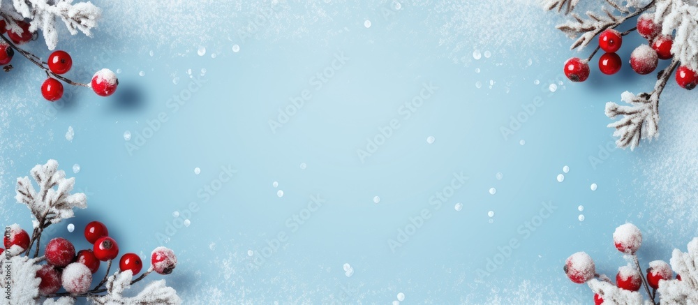 Poster a festive winter scene with a snowflake and red berry frame on a soft blue backdrop, symbolizing chr