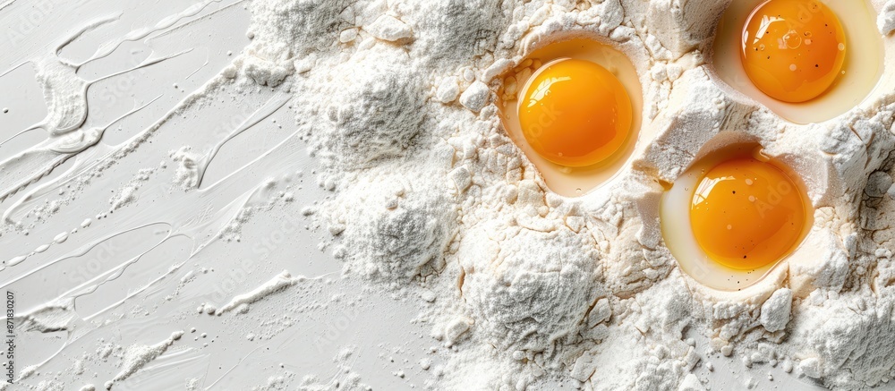 Leinwandbilder top view of flour and eggs for dough preparation on a white background with a close-up focus, provid