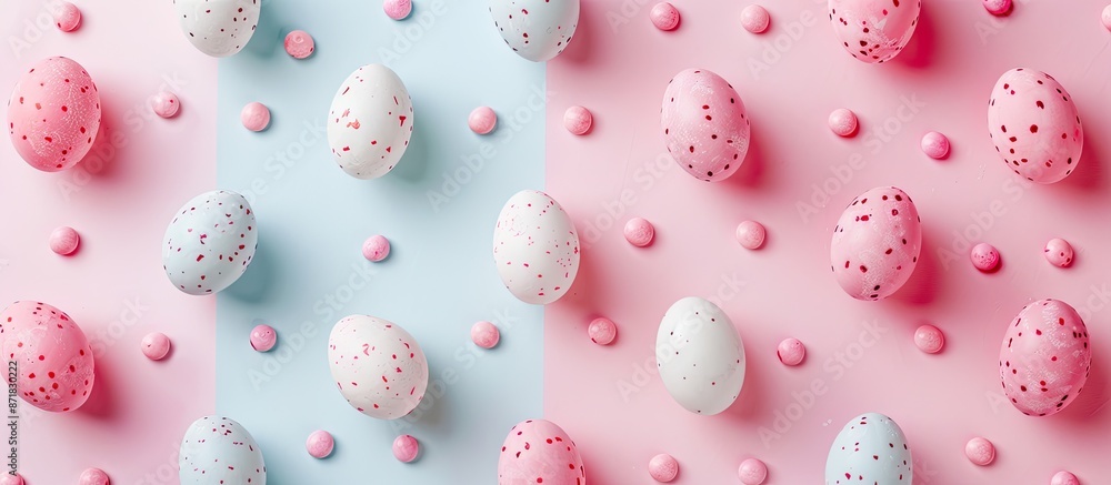 Poster Easter-themed candy eggs on a soft white and pink backdrop, creating a cheerful flat lay composition with ample copy space image.
