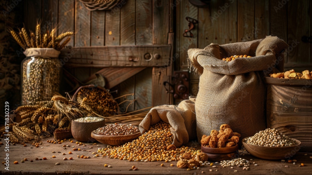 Poster Assortment of grains and seeds in rustic setting