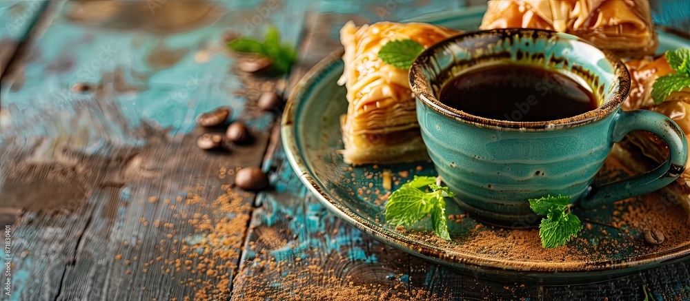 Poster selective focus on a cup of turkish coffee and baklava creates an enticing image with room for text.