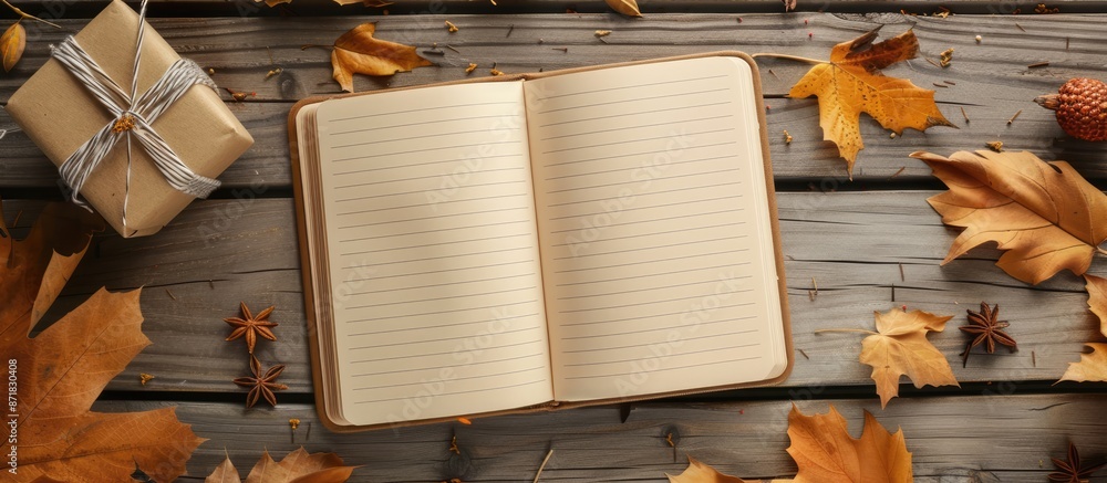Poster aerial view of an open notebook with blank pages next to a gift box on a table, set in an autumn the