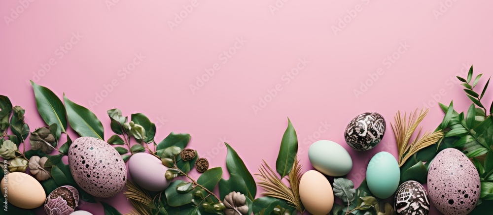 Poster a flat lay arrangement featuring intricately adorned easter eggs, vibrant green leaves, set against 