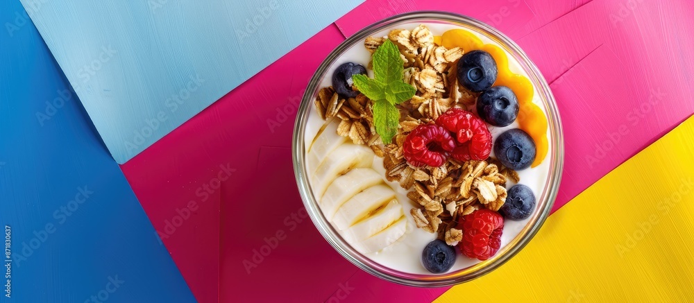 Poster granola and yogurt in a bowl on a colorful backdrop, with space for adding your own image.