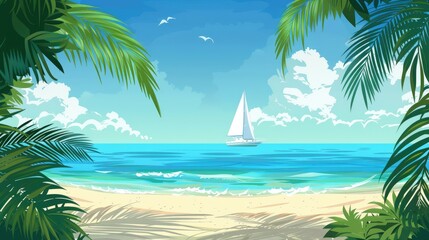 Obraz premium A tropical beach scene with a sailboat on the horizon, ample space for text