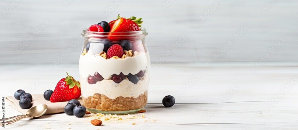 Aufkleber healthy breakfast concept depicted with a jar of overnight oatmeal topped with berries and nuts on a