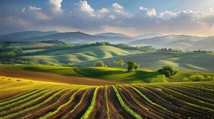 Naklejka premium Sun-dappled fields in tranquil countryside
