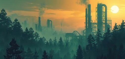 Misty forest at sunrise with industrial machinery juxtaposition of nature and industry