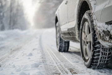 Close up, View of car wheel on snowy road, winter driving conditions