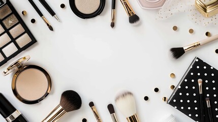 Woman s makeup and accessories in black and gold on a white surface with polka dot note pad in a beauty blog flat lay subplots Beauty blog flat lay with copy space