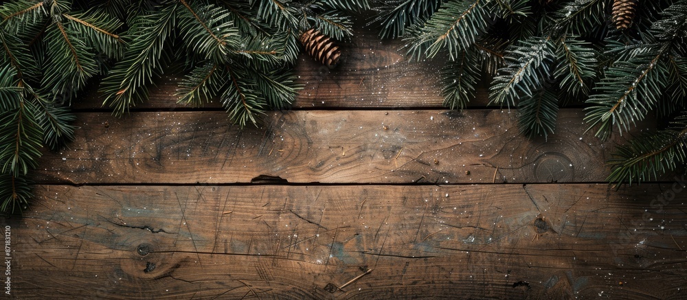 Poster Fir tree branches on aged wooden surface create a festive Christmas backdrop with a distressed wood texture, ideal for text placement in images.