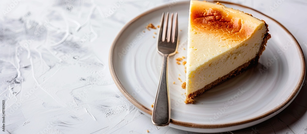 Poster a plate with a slice of cheesecake, a fork, on a light background with copy space image.