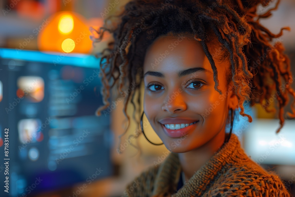Poster woman with dreadlocks smiles while working on computer in evening