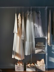Closet with different clothes and accessories, Clothing Cover in a modern white wardrobe Organizer inside a modern room