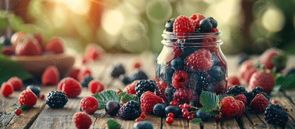 Poster a closeup shot of a glass jar filled with a fresh fruit and berry mix displayed on a wooden table wi