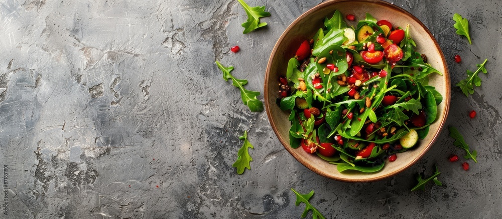 Poster top view of a fresh salad bowl on a stone surface, with room for additional text or images in the fr