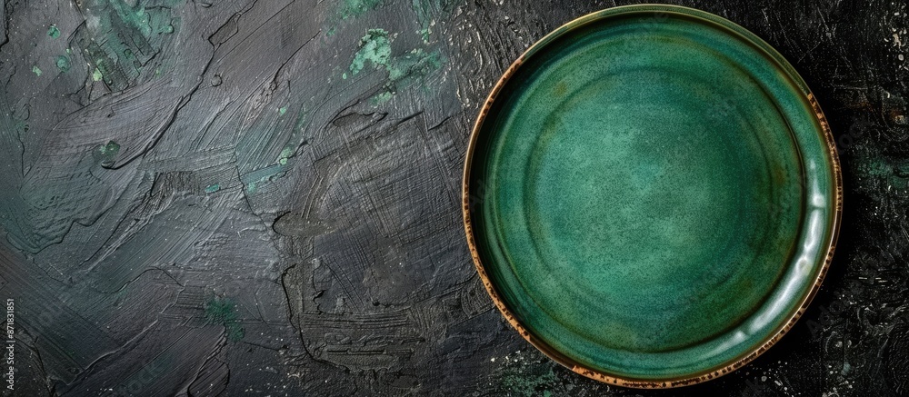 Poster Top view of an empty classic green plate on a dark rough table surface with ample copy space for menu or recipe backgrounds, enhancing a rustic table setting.