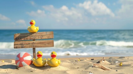 Rubber ducks beach ball wooden sign at the beach with ocean view