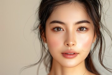Naklejka premium Close-up portrait of young Asian beautiful woman with K-beauty make up style and healthy and perfect skin isolated on beige background for skincare commercial product advertising. 