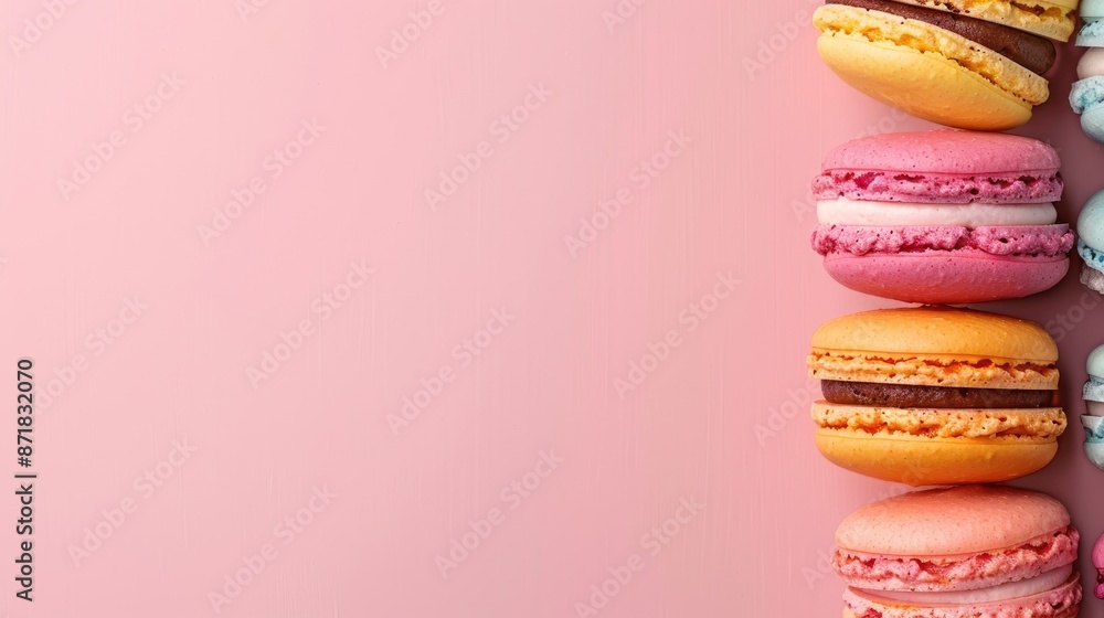 Poster colorful macaroon with empty space above on plain backdrop