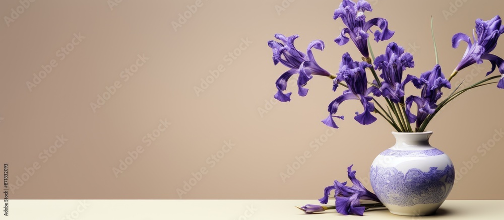 Poster Festive greeting card displaying copy space image for various occasions featuring a vase with violet irises xiphium.