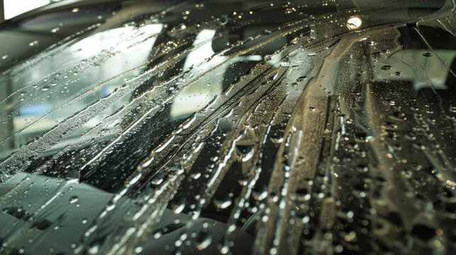 Using a squeegee at a car wash, excess water is removed from the car's glass surfaces. Even the rear window is cleaned with a scraper to ensure it's spotless.