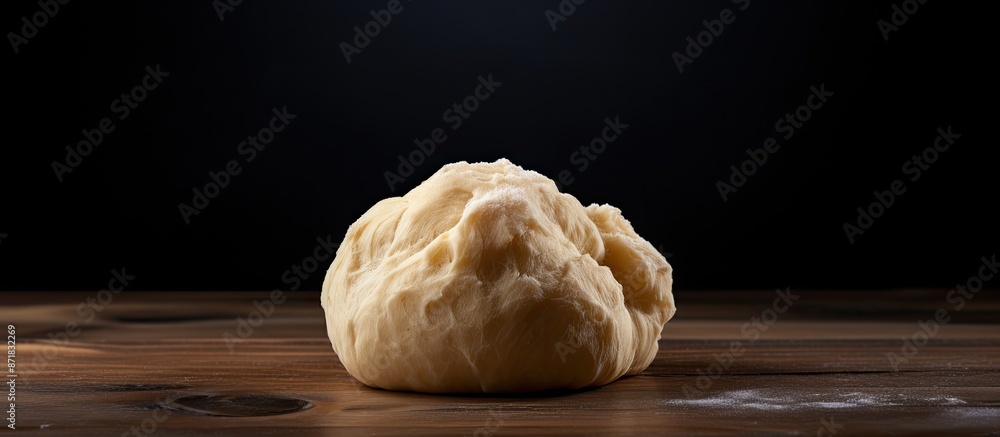Poster dough lump resting on a wooden table with a dark backdrop, showing ample copy space image.