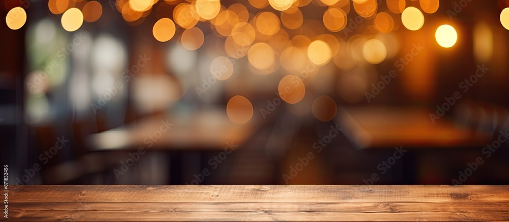 Poster brown wooden table with empty space setting, blurred coffee shop background, ideal for product displ
