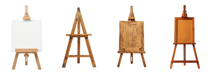 Different types wooden easels with blank canvas isolated on transparent background, supplies creativity expression imagination