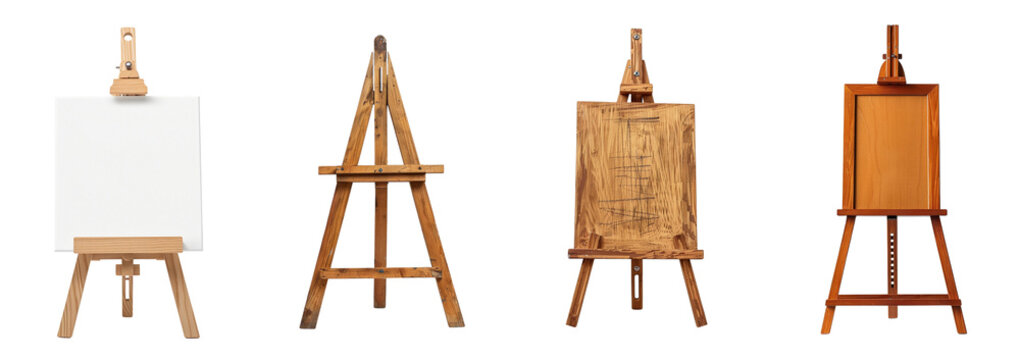 Different types wooden easels with blank canvas isolated on transparent background, supplies creativity expression imagination