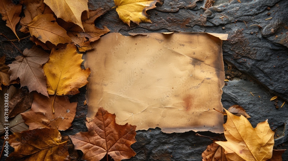 Wall mural Autumn leaves and aged card on vintage backdrop