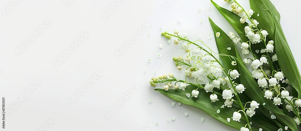Poster A mockup of a greeting card with a bouquet of lilies of the valley on a white background for an invitation card with copy space image.
