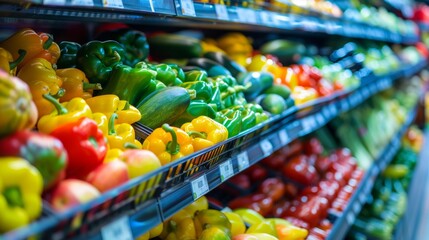 Colorful bell peppers and vegetables in supermarket