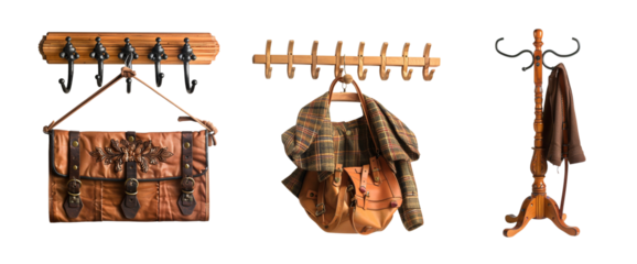 three coat racks with purse coat scarf hanging on isolated on transparent background, home decor furniture wood