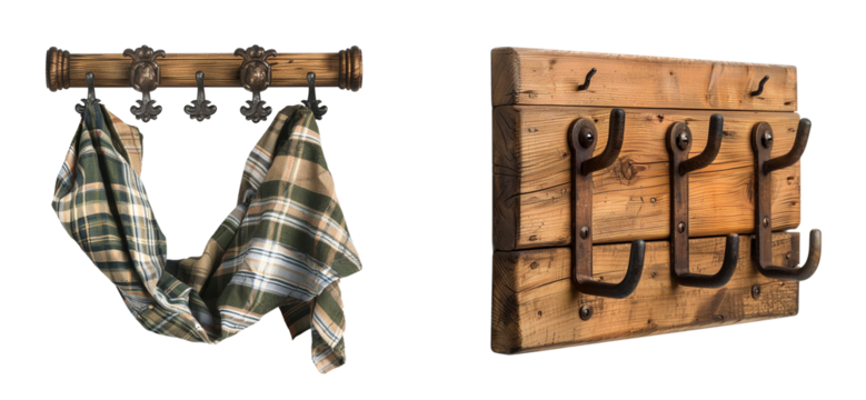 Wooden coat rack with four hooks two on top two on bottom with green blue plaid scarf hanging on one hooks, interior design minimalism simplicity rustic