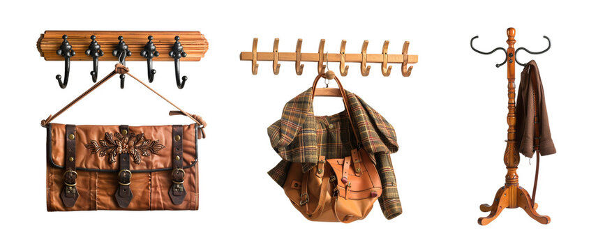 three coat racks with purse coat scarf hanging on isolated on transparent background, home decor furniture wood