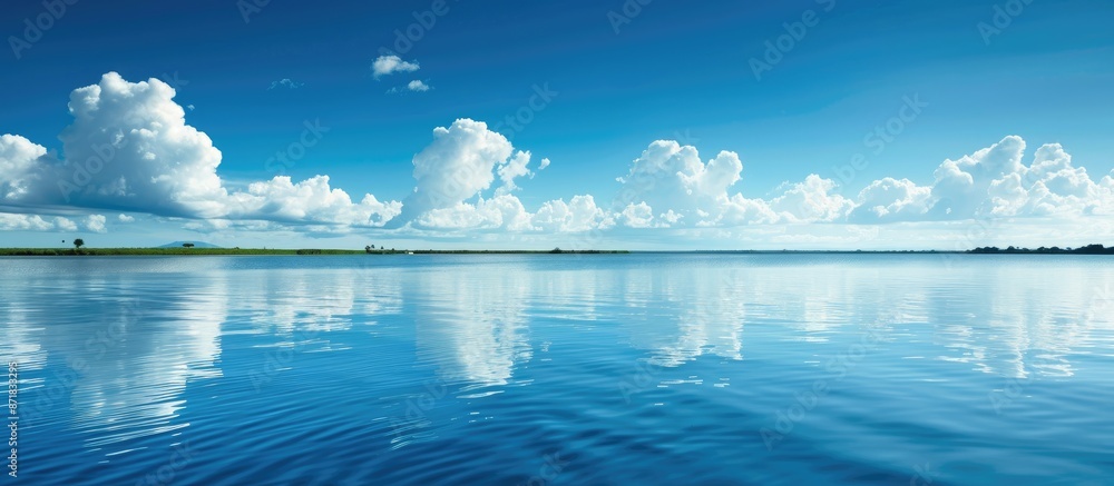 Poster the serene water surface reflects the clear blue sky, creating a tranquil atmosphere in the copy spa