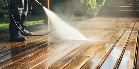 cleaning terrace with a power washer - high water pressure cleaner on wooden terrace surface