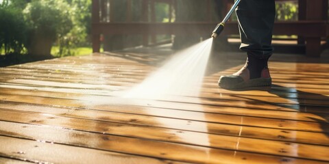 cleaning terrace with a power washer - high water pressure cleaner on wooden terrace surface