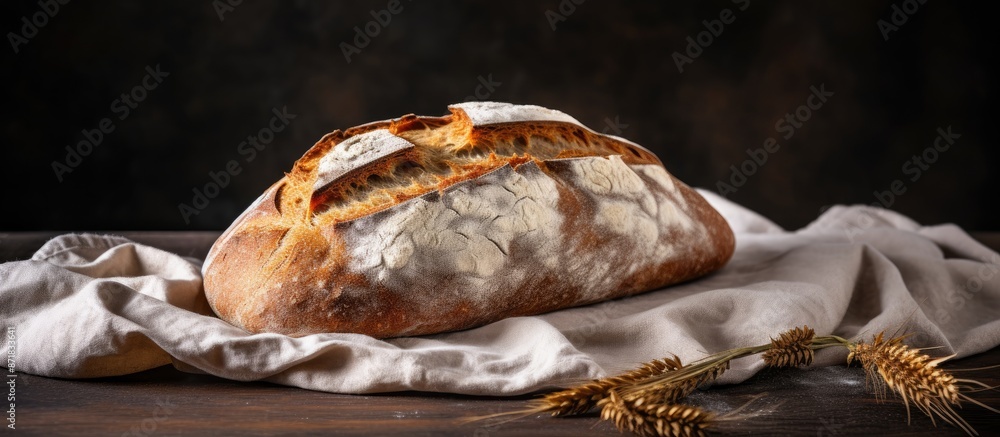 Poster freshly baked organic sourdough bread on a dark background with linen tablecloth, captured in a side