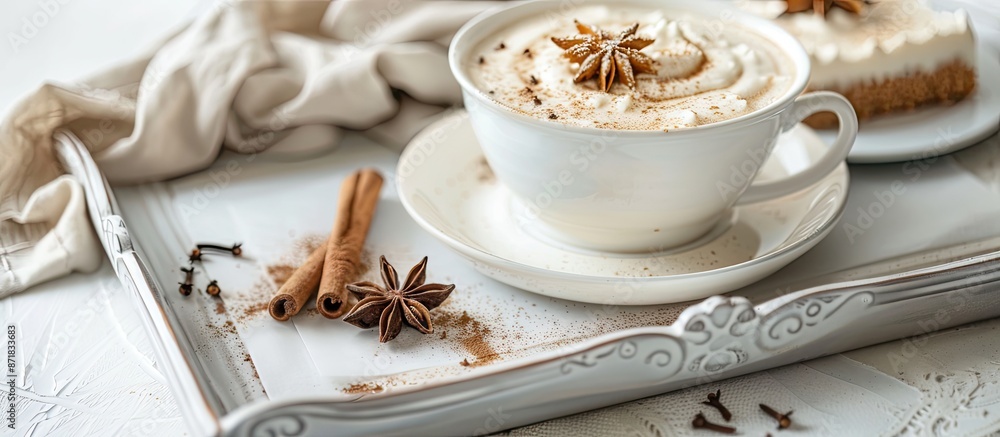 Poster a cup of coffee rests on a tray next to a cake with cinnamon and anise, set against a white backgrou