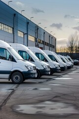 Several cars vans trucks parked in parking lot for rent or delivery