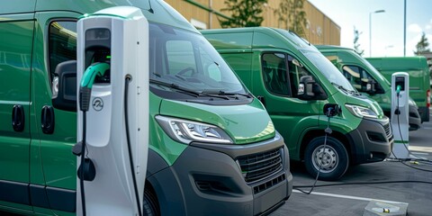 Electric vehicle charging station in front of a row of vans. Green transportation concept.