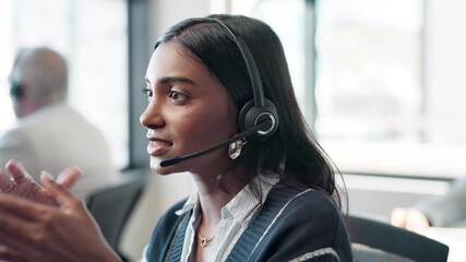 Employee, Indian woman and microphone at call center with chat for customer support and service. Office, crm and advisor or consultant in conversation, telemarketing and communication at help desk