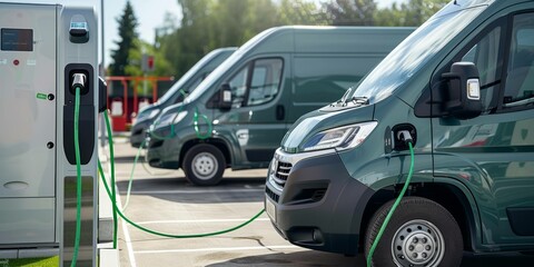 Electric vehicle charging station in front of a row of vans. Green transportation concept.