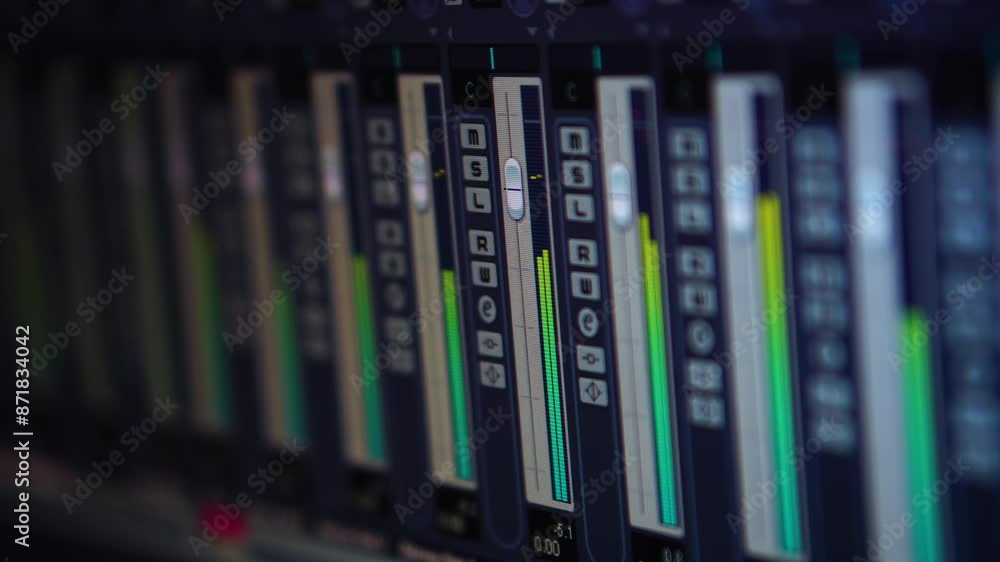 Poster digital audio recording studio software, close up of channel levels playing simultaneously