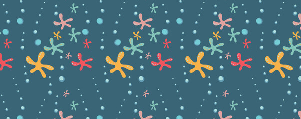 Undersea world. Abstract drawing of starfish underwater. Vector Pattern with bubbles and sea inhabitants of the underwater depths.  Seamless pattern for fabric, textile, wallpaper, cards.