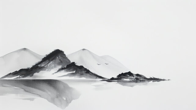 Watercolor landscape. Chinese style classical traditional ink painting sumi-e