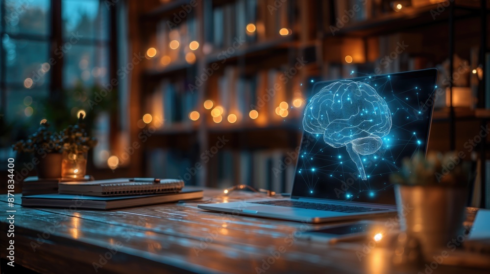 Poster laptop displaying digital brain hologram on desk in dimly lit home library. artificial intelligence,